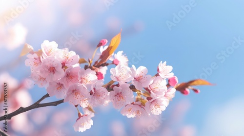 Beautiful cherry blossom, pink Sakura flower branch against background of blue sky. Generative AI. © Pro Hi-Res