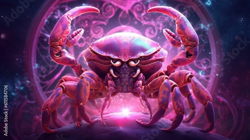 Astrology calendar. Crab magical zodiac sign astrology. Esoteric horoscope and fortune telling concept. CANCER zodiac in universe. Generative AI © tong2530