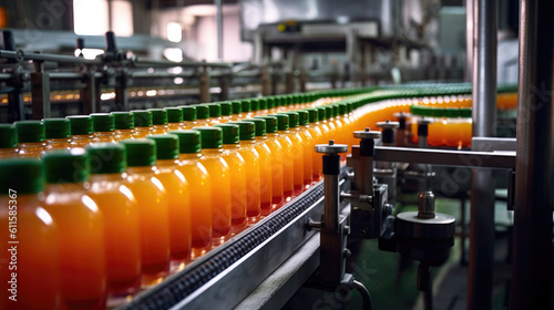 Conveyor in the production of juice, sweet water, orange bottles in the factory, natural product. generated ai.