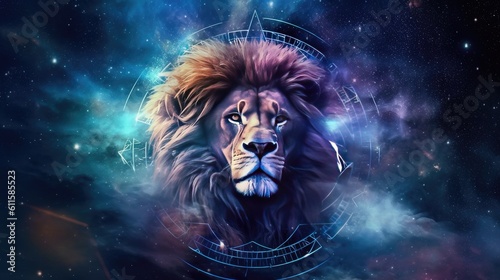 Astrology calendar. Leo magical zodiac sign astrology. Esoteric horoscope and fortune telling concept. Leo zodiac in universe. Generative AI photo