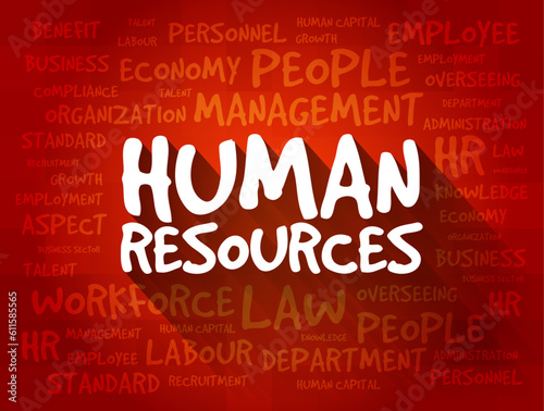 Human Resources - set of people who make up the workforce of an organization, business sector, industry, or economy, word cloud concept background