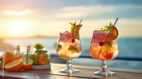 Beautiful colorful summer drinks on the table against the backdrop of the sea, vacation, vacation, travel. Refreshing alcoholic and non-alcoholic cocktails. sunlight generated ai.