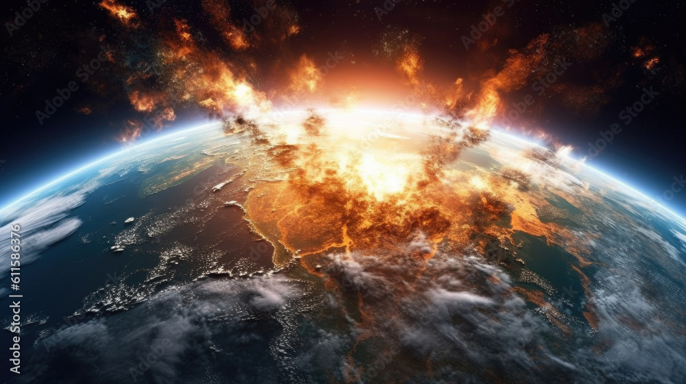 Explosion on planet Earth, asteroid, apocalypse, destruction, war. View from space. generated ai.