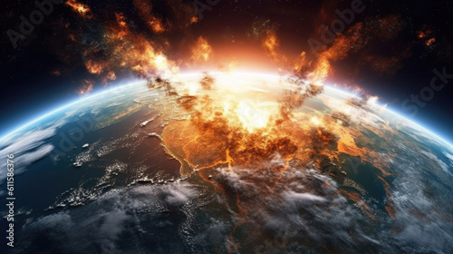 Explosion on planet Earth  asteroid  apocalypse  destruction  war. View from space. generated ai.