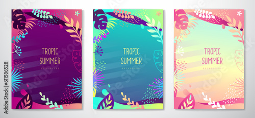 Set of colorful gradient summer banners with fluorescent tropic leaves. Summertime template collection. Vector illustration