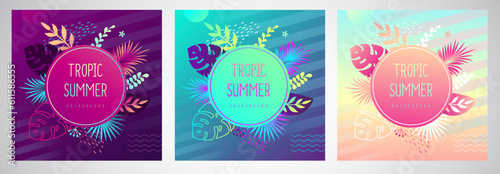 Set of colorful gradient summer banners with fluorescent tropic leaves. Summertime template collection. Vector illustration