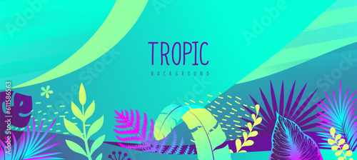 Colorful gradient summer background with fluorescent tropic leaves. Summertime template. Vector illustration