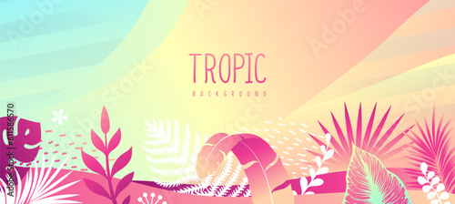 Colorful gradient summer background with fluorescent tropic leaves. Summertime template. Vector illustration