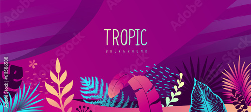 Colorful gradient summer background with fluorescent tropic leaves. Summertime template. Vector illustration