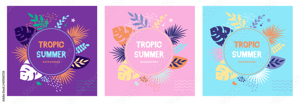 Set of colorful  summer banners with tropic leaves. Summertime template collection. Vector illustration