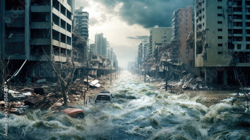 A tsunami destroys a city, a disaster and a catastrophe, a natural phenomenon, a cataclysm, an Armageddon, a post-apocalyptic town. street generated ai.