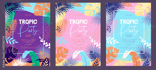 Set of Colorful summer disco party poster with tropic leaves. Summertime background. Vector illustration