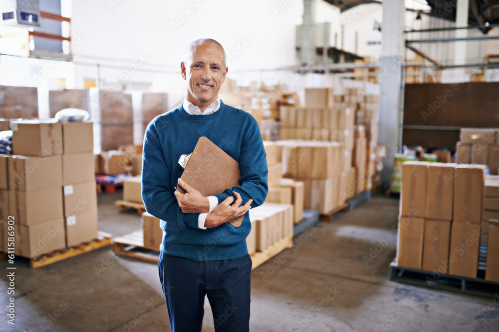 © Y.A./peopleimages.com - Checklist, smile and portrait of man in warehouse for cargo, storage and shipping. Distribution, ecommerce and logistics with employee in factory plant for supply chain, package or wholesale supplier