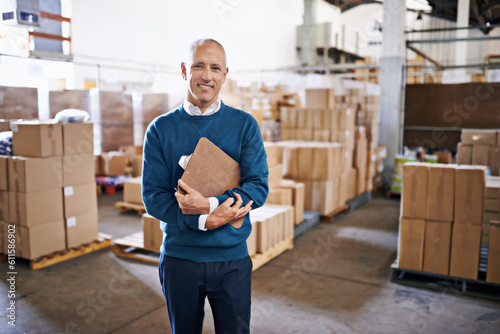Checklist, smile and portrait of man in warehouse for cargo, storage and shipping. Distribution, ecommerce and logistics with employee in factory plant for supply chain, package or wholesale supplier
