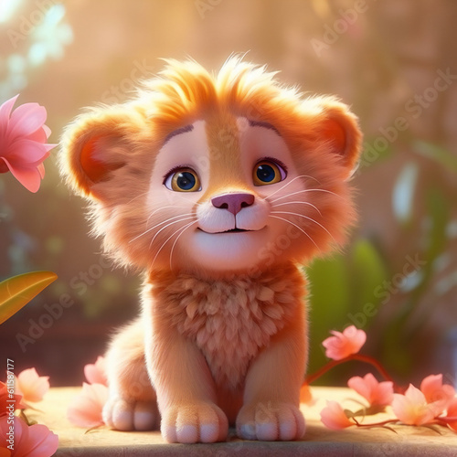 A cute and sweet baby lion with a sweet smile, a small Peach blossom around, smiling. Ai Generated