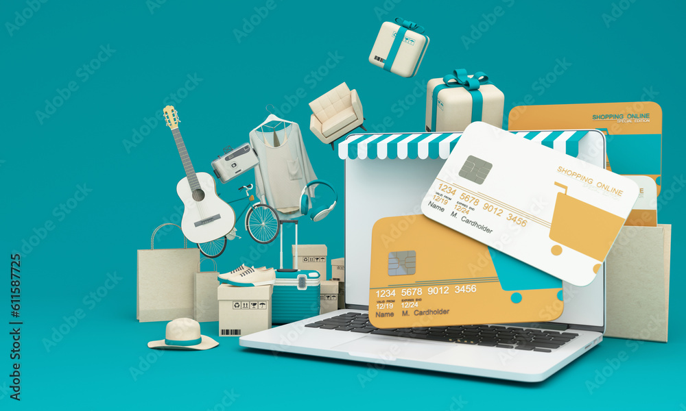Obraz premium Marketplace online illustration, 3d style internet multi vendor store on laptop computer with multi vendor stores in green tones and gadget on notebook screen with bank credit card 3d rendering