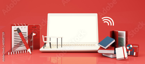 E-learning concept with laptop and wi-fi symbol surrounded by Graduate cap, open books, balloon, Ruler,statistical graph, pencil and magnifying glass on red and blue color tone 3d render
