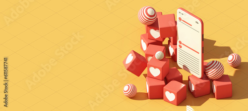 smartphone with heart emoji speech bubble cube box and frame message on screen. Social network and mobile device concept. Graphic websites, web banner on yellow isometric. 3d rendering illustration