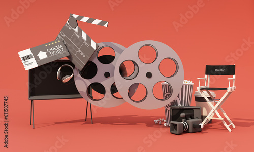 concept film producer This includes the director's chair, film reels, monitors, cinematographers, movie tickets and filmmaking equipment, and a discrete clapperboard on background. 3d render