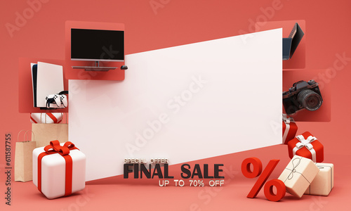 Gadgets and accessories play console with pc and laptop promotion discount with gift box and product stand for online marketing in cartoon style. 3d rendering on pastel background.