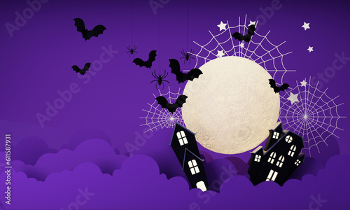 Happy Halloween party posters set with night clouds and pumpkins in cartoon illustration. Full moon and boo ghost with haunted house Place for text. Brochure background. 3d render cartoon character