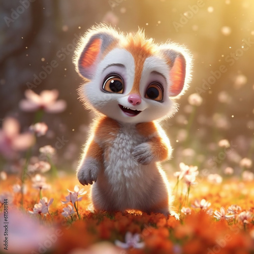 A cute and sweet baby lemur with a sweet smile  a small Peach blossom around  smiling. Ai Generated