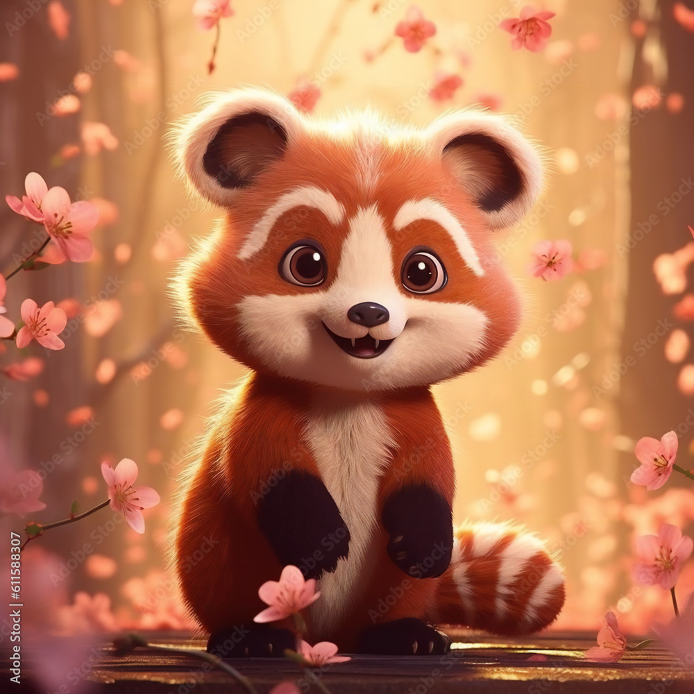 A cute and sweet baby red panda with a sweet smile, a small Peach blossom around, smiling. Ai Generated