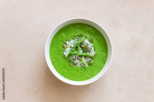 Green asparagus cream soup. Healthy eating. Vegetarian food. Diet.