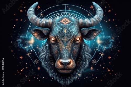 Astrology calendar. Taurus magical zodiac sign astrology. Esoteric horoscope and fortune telling concept. Taurus zodiac in universe. Generative AI