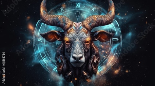 Astrology calendar. Taurus magical zodiac sign astrology. Esoteric horoscope and fortune telling concept. Taurus zodiac in universe. Generative AI