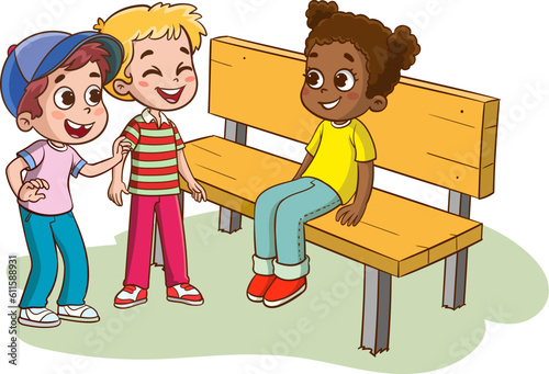 Happy multiethnic mixed age kids are sitting on a bench and chatting. Girl happily talking smiling and laughing. 