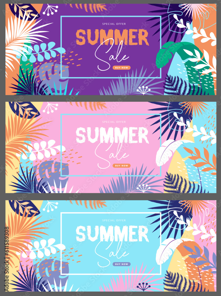 Set of colorful summer big sale tropical  banners with tropic leaves. Summertime template collection. Vector illustration
