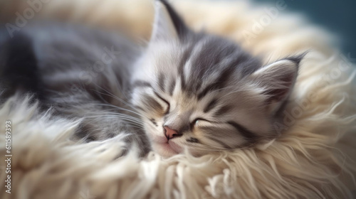 Adorable cute kitten sleeping on bed. Generative AI
