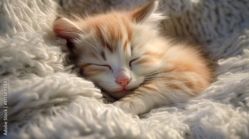Adorable cute kitten sleeping on bed. Generative AI Adorable cute kitten sleeping on bed. Generative AI