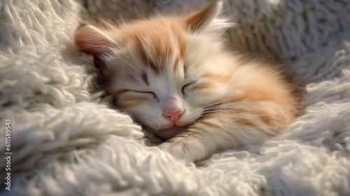 Adorable cute kitten sleeping on bed. Generative AI