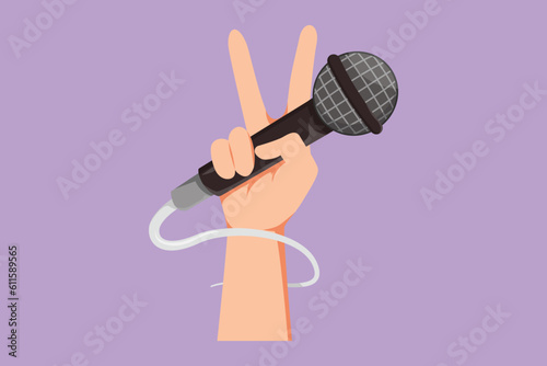 Graphic flat design drawing child hand holding microphone on blue background, closeup of hand. Mic with victory gesture. Karaoke kid sings song to microphone symbol. Cartoon style vector illustration