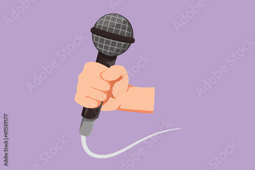 Character flat drawing karaoke man sings song with microphone. Singer holding microphone in his hand at karaoke singer sing a song. Mic equipment for music festival. Cartoon design vector illustration