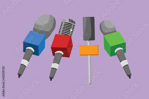 Graphic flat design drawing live news template with microphone. Journalist or journalism concept. Newsmakers and interviewers scene at media room. Different tv signs. Cartoon style vector illustration photo