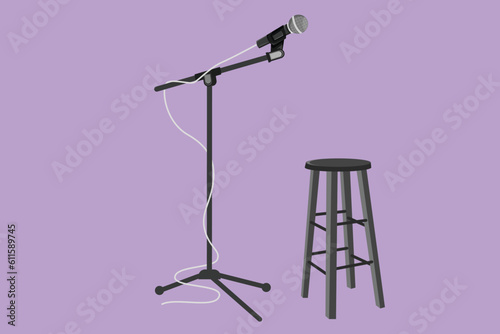 Character flat drawing microphone and stool on stand up comedy stage or classical music festival. Equipment at night club or bar for stand up comedian performance. Cartoon design vector illustration