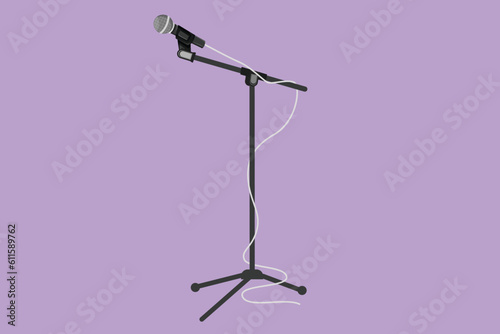 Graphic flat design drawing microphone logo with cable on stand mic isolated on blue background. Standing microphone on stage for sing competition or music festival. Cartoon style vector illustration
