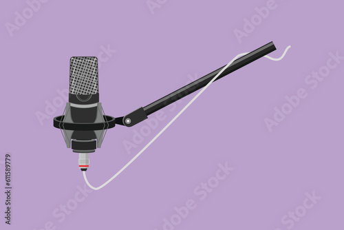Graphic flat design drawing of modern microphone with clipping path logo, icon, symbol. Condenser mic for studio recording voice. Sound recording equipment concept. Cartoon style vector illustration