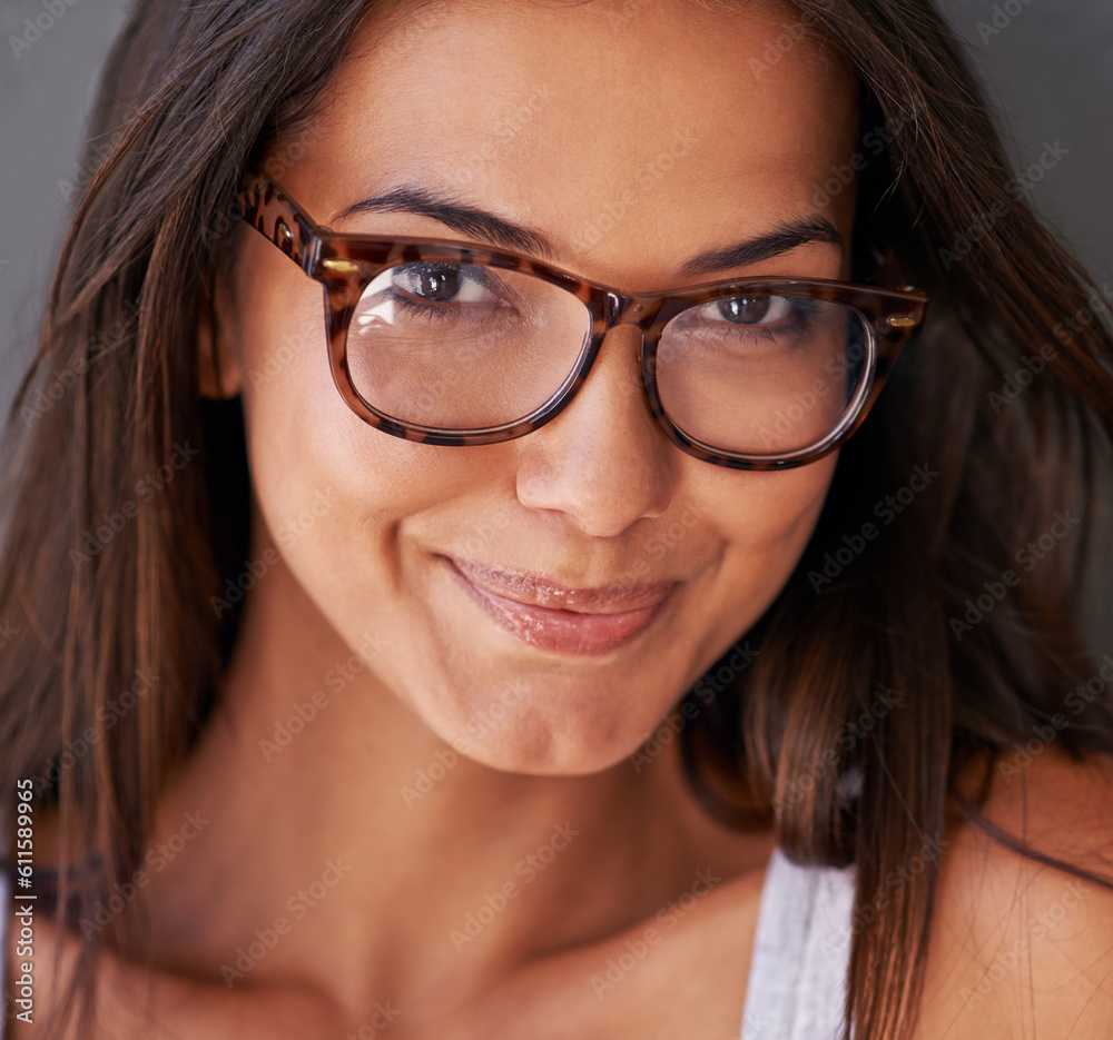 Woman, face and smile with glasses and eye care, vision with designer frame and prescription lens. Portrait, healthcare and female model with fashion eyewear, eyes with optometry and closeup Woman, face and smile with glasses and eye care, vision with designer frame and prescription lens. Portrait, healthcare and female model with fashion eyewear, eyes with optometry and closeup