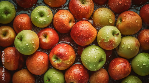 Fresh ripe apples with water drops background. Fruits backdrop. Generative AI