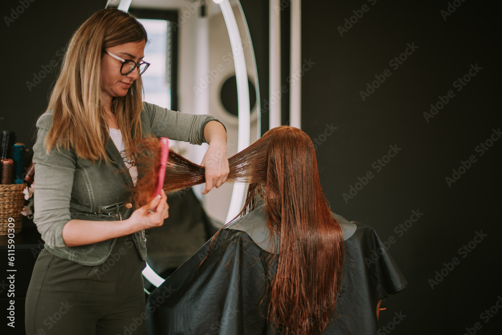 Fototapeta premium Brushing wet hair at the salon