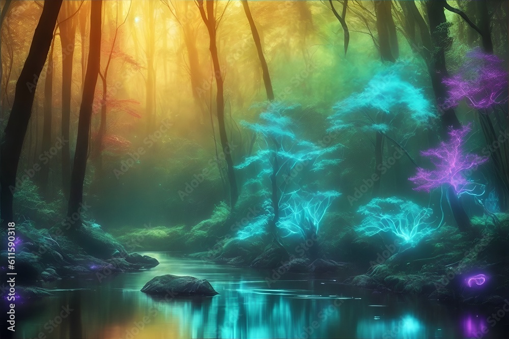 beautiful river in a magical forest with bioluminescent trees