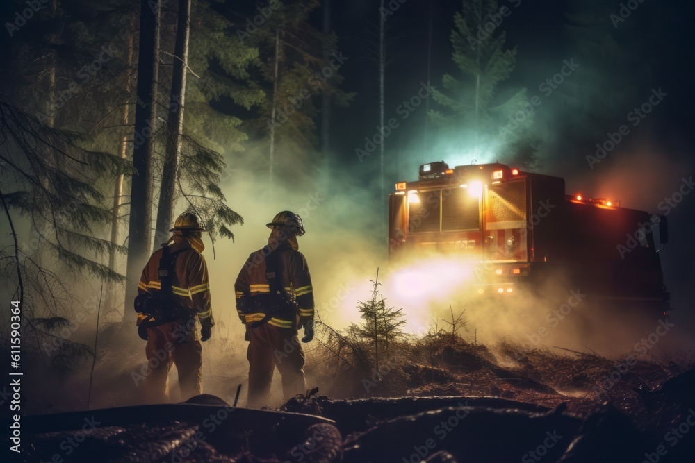 Firefighters using powerful floodlights to battle a forest fire during the night, creating a sense of urgency and highlighting their round-the-clock commitment. Generative Ai Firefighters using powerful floodlights to battle a forest fire during the night, creating a sense of urgency and highlighting their round-the-clock commitment. Generative Ai