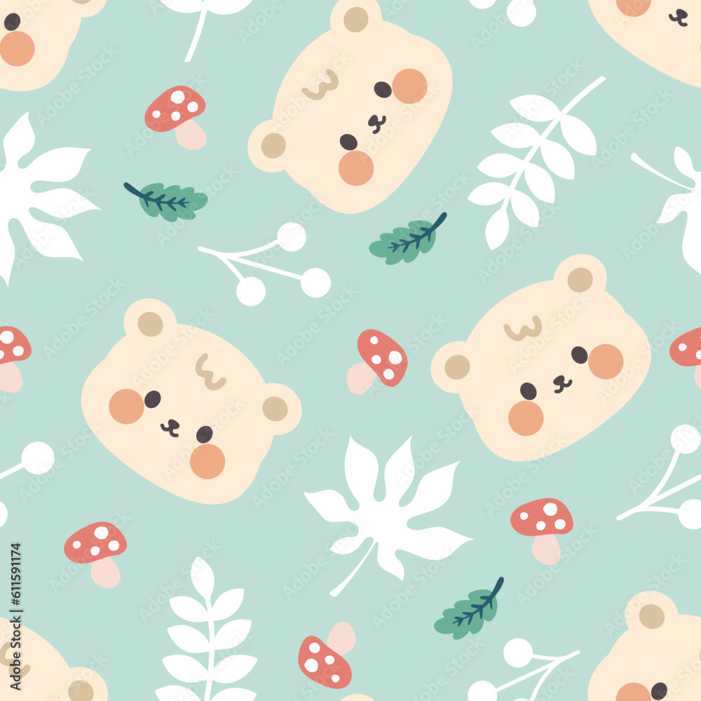 Cute brown teddy bear happy face with forest leaves and mushrooms on a mint pastel green background. Kawaii animals kids seamless pattern, fabric and textile print design Cute brown teddy bear happy face with forest leaves and mushrooms on a mint pastel green background. Kawaii animals kids seamless pattern, fabric and textile print design