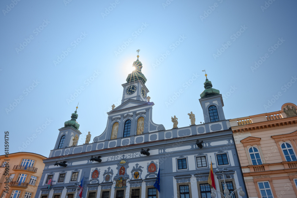 Baroque Blue Radnice Town Hall on Premysl Otakar II Square in Ceske Budejovice Southern Bohemia, Czech Republic.
