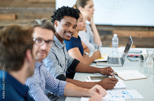 Business meeting smile, portrait and black man, employee or financial analyst team doing review of company funding. Happy, teamwork or staff people, group or African person working on finance project
