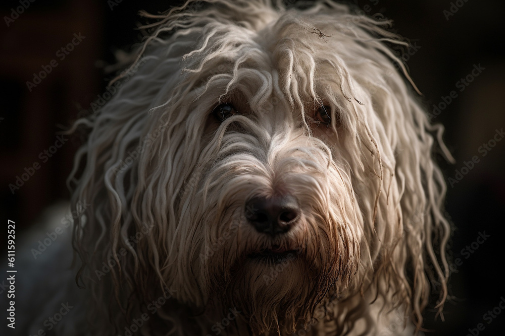Portrait of a dog of the Komondor breed close-up, generative ai